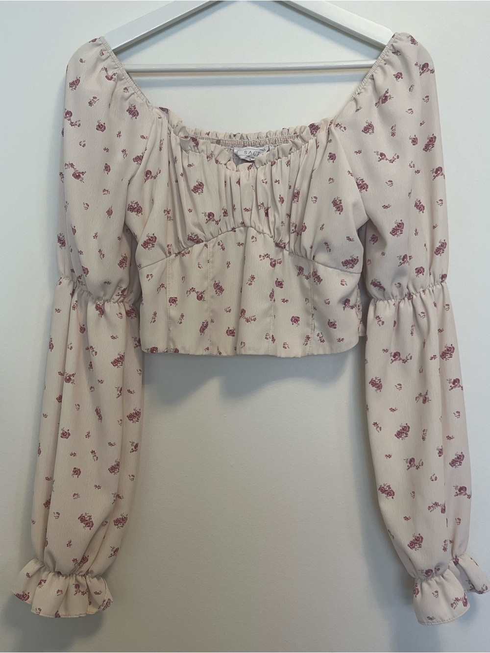 Sage Cream Floral Square-Neck Crop Top with Pink Print